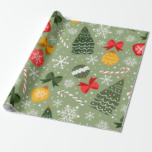Christmas Tree & Ornaments Sage Green Pattern 