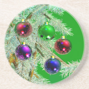 Christmas Tree Ornaments Shine on Green Coaster