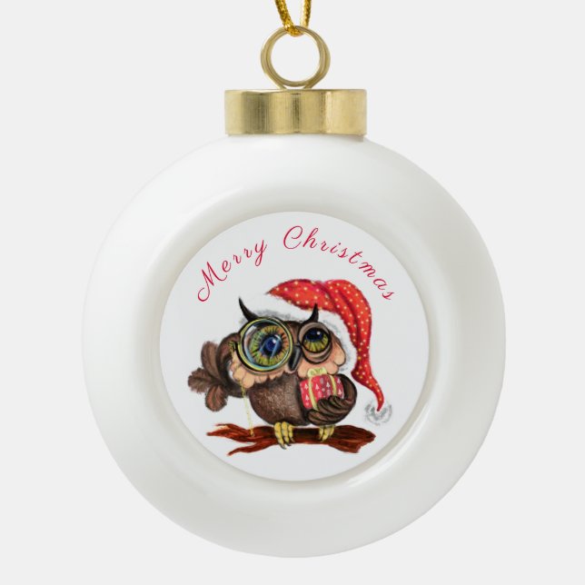 Christmas Tree Otnament Baby Owl In Hat and Gift Ceramic Ball Christmas Ornament (Front)