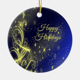 Christmas Tree Party Gold Stars Navy Blue Holidays Ceramic Ornament