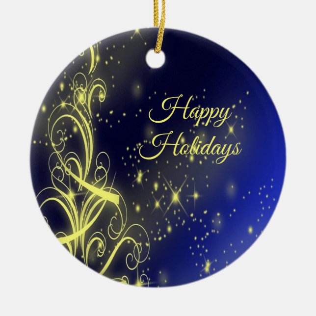 Christmas Tree Party Gold Stars Navy Blue Holidays Ceramic Ornament (Front)