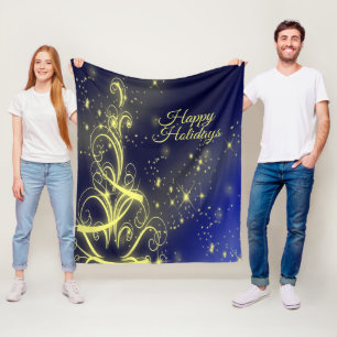 Christmas Tree Party Gold Stars Navy Blue Holidays Fleece Blanket