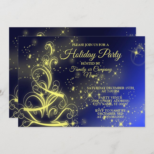Christmas Tree Party Gold Stars Navy Blue Holidays Invitation (Front/Back)