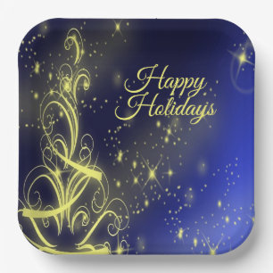 Christmas Tree Party Gold Stars Navy Blue Holidays Paper Plate
