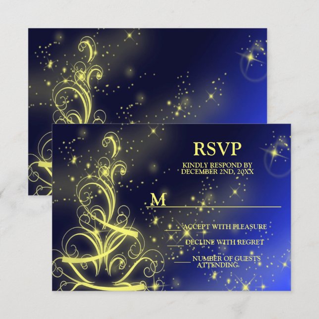 Christmas Tree Party Gold Stars Navy Blue Holidays RSVP Card (Front/Back)