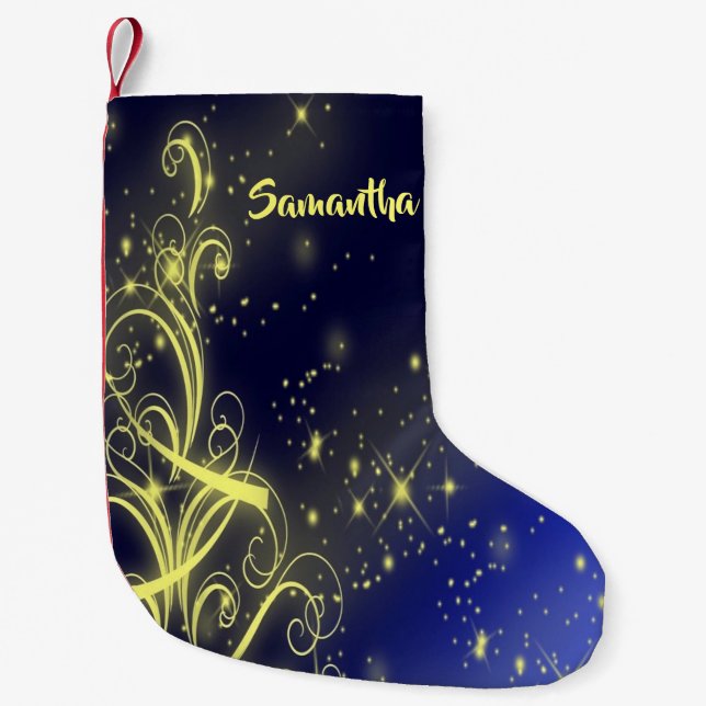 Christmas Tree Party Gold Stars Navy Blue Holidays Small Christmas Stocking (Front)