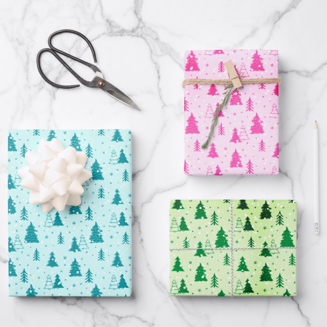 Christmas Tree Pastel Baby Blue Pink Green elegant Wrapping Paper Sheet (Front)