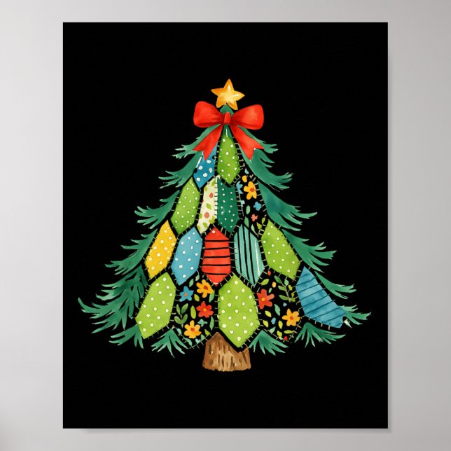 Christmas Tree Patchwork Coquette Bow Xmas Holiday Poster (Front)