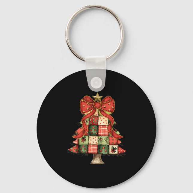 Christmas Tree Patchwork Coquette Bow Xmas Pyjamas Key Ring (Front)