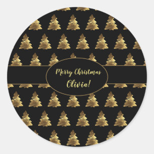 Christmas Tree Pattern Black and Gold Elegant Classic Round Sticker