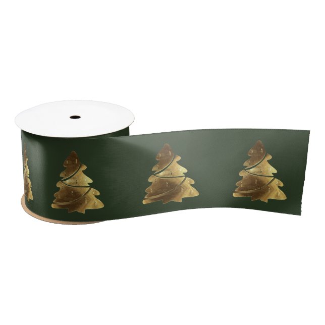 Christmas Tree Pattern Elegant Hunter Green Gold Satin Ribbon (Spool)