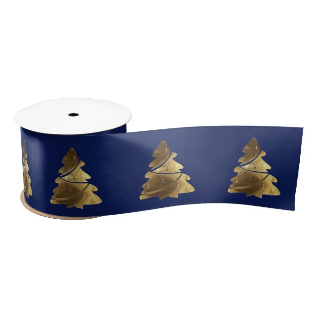 Christmas Tree Pattern Elegant Navy Blue and Gold Satin Ribbon (Spool)