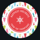 CHRISTMAS TREE PATTERN festive modern minimal red Classic Round Sticker<br><div class="desc">by kat massard >>> www.simplysweetpaperie.com <<< A cute little personalised sticker that can be used for any occasion - handmade craft items for Christmas, small business, or to dress up your personal seasonal stationery. Setup as a template it is easy to customise with your own text - make it yours!...</div>