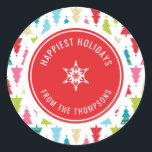 CHRISTMAS TREE PATTERN festive modern minimal red Classic Round Sticker<br><div class="desc">by kat massard >>> www.simplysweetpaperie.com <<< A cute little personalised sticker that can be used for any occasion - handmade craft items for Christmas, small business, or to dress up your personal seasonal stationery. Setup as a template it is easy to customise with your own text - make it yours!...</div>