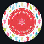 CHRISTMAS TREE PATTERN festive modern minimal red Classic Round Sticker<br><div class="desc">by kat massard >>> www.simplysweetpaperie.com <<< A cute little personalised sticker that can be used for any occasion - handmade craft items for Christmas, small business, or to dress up your personal seasonal stationery. Setup as a template it is easy to customise with your own text - make it yours!...</div>