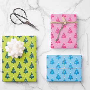 Christmas Tree Pattern Green Pink Blue Fun Stylish Wrapping Paper Sheet