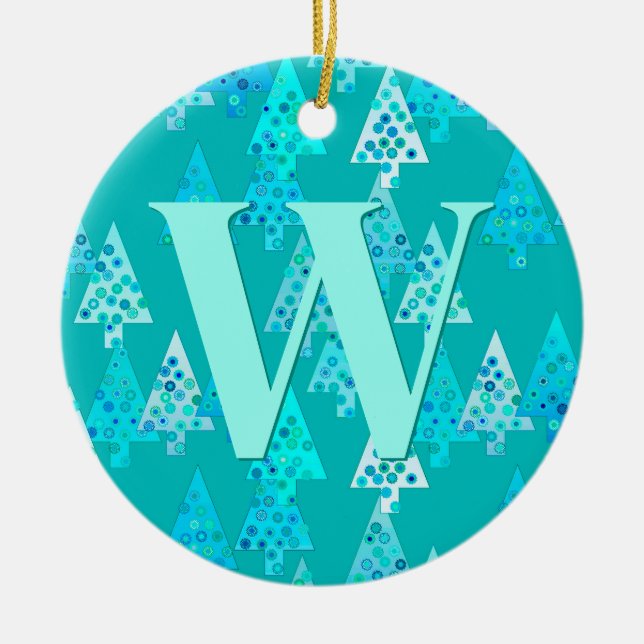 Christmas Tree Pattern in Aqua Personalised  Ceramic Ornament (Front)