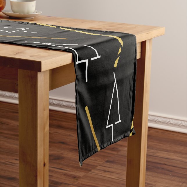 Christmas Tree Pattern In Black, White and Gold Short Table Runner (In Situ)