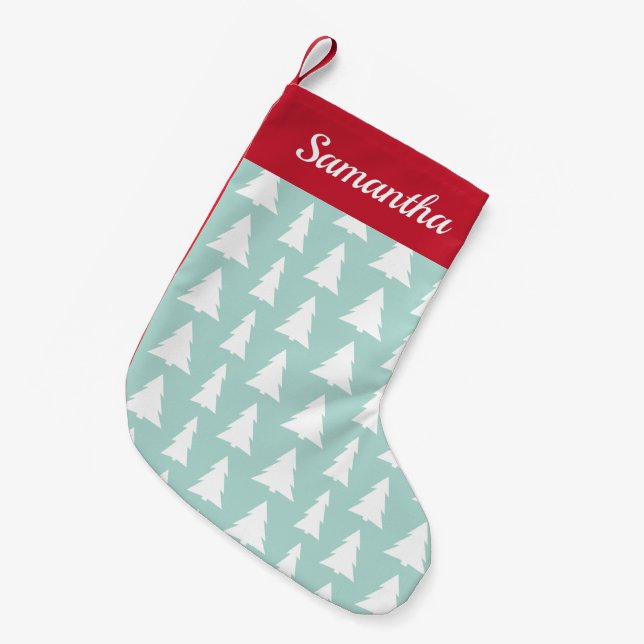 Christmas Tree Pattern Mint Green Custom Name Small Christmas Stocking (Front (Hanging))