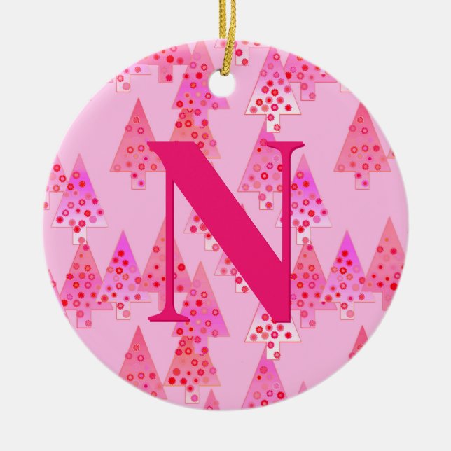 Christmas Tree Pattern, Pastel Pink Personalised  Ceramic Ornament (Front)