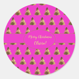 Christmas Tree Pattern Pink and Gold Elegant Classic Round Sticker