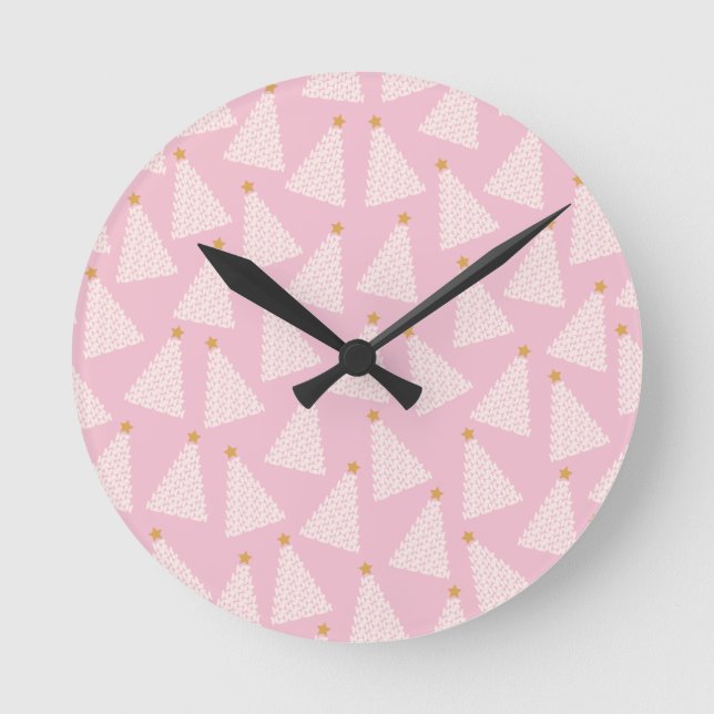 Christmas Tree Pattern Pink Round Clock (Front)