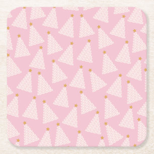Christmas Tree Pattern Pink Square Paper Coaster