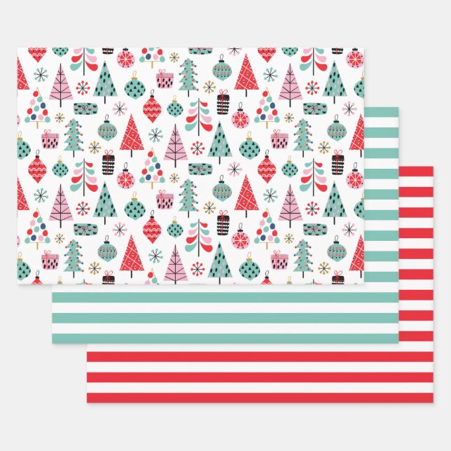 Christmas Tree Pattern & Stripes | Cute Modern Wrapping Paper Sheet (Set)