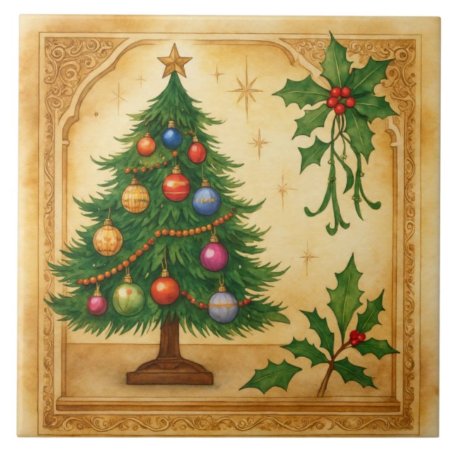 Christmas tree Pattern, Vintage Style Ceramic Tile (Front)