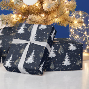 Christmas Tree Pattern With Gold And Silver Stars Wrapping Paper