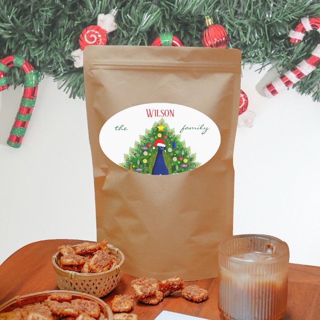 Christmas Tree Peacock Family Name Oval Sticker (Creator Uploaded)