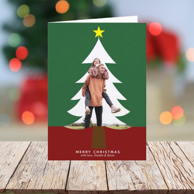Christmas Tree Photo Cutout Modern Green Red Cute Holiday Card (Creator Uploaded)