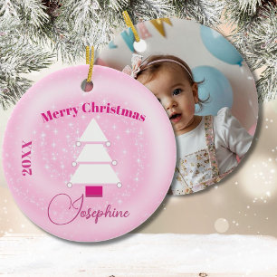 Christmas Tree Photo Pink Stars Ceramic Ornament