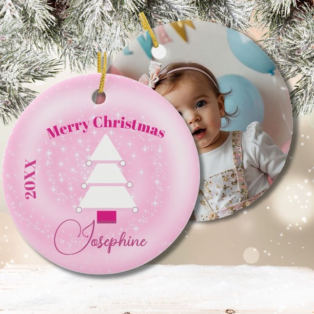 Christmas Tree Photo Pink Stars  Ceramic Ornament (Creator Uploaded)
