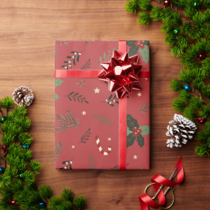 Christmas Tree Pine Branch Holly Berry Mistletoe Wrapping Paper