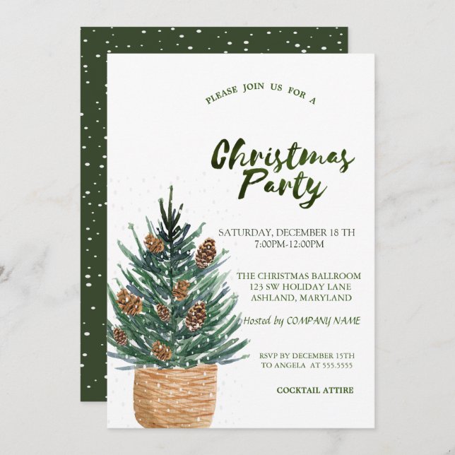 Christmas Tree,Pine Cones Snow Christmas Party Invitation (Front/Back)