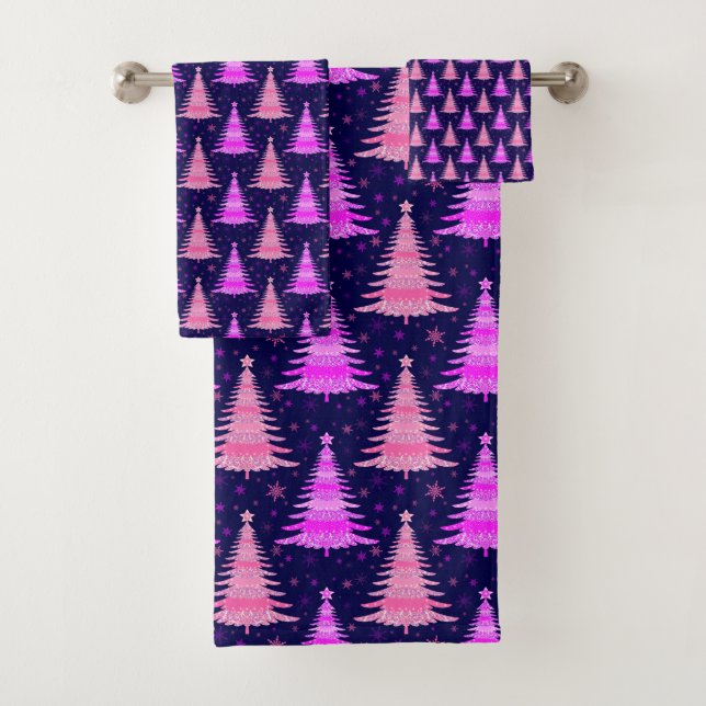 Christmas Tree Pink Blue Pattern Design Bath Towel Set (Insitu)