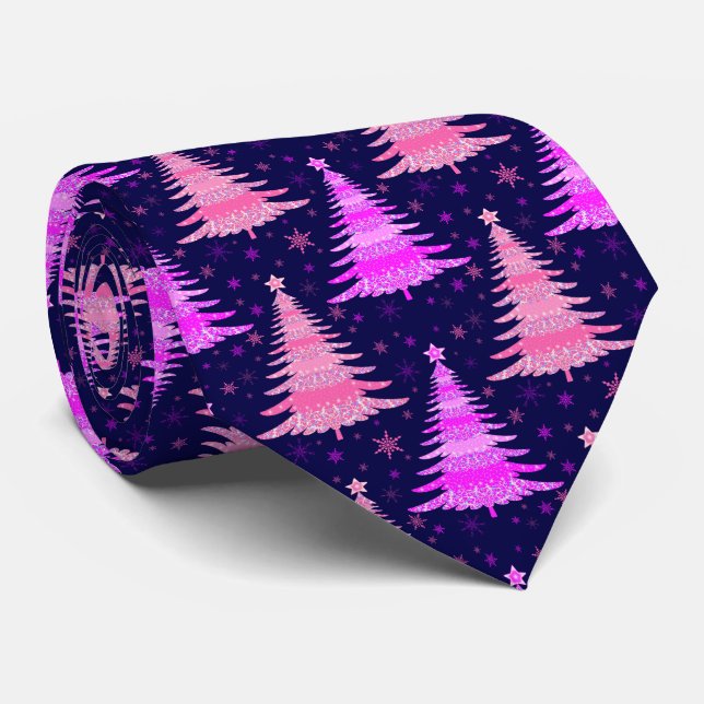 Christmas Tree Pink Blue Pattern Design Tie (Rolled)