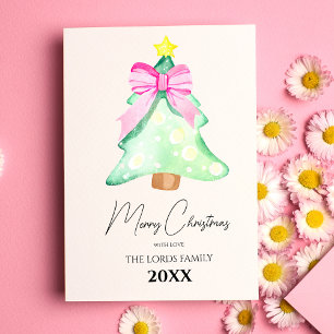 Christmas Tree Pink Bow Holiday Greeting Card