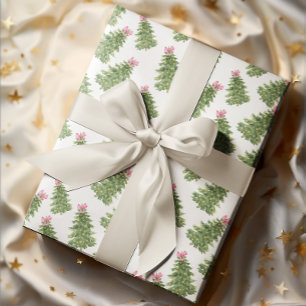 Christmas Tree & Pink Bow Holiday Wrapping paper
