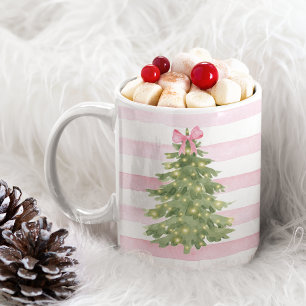 Christmas Tree, Pink Bow & Stripes Holiday Mug