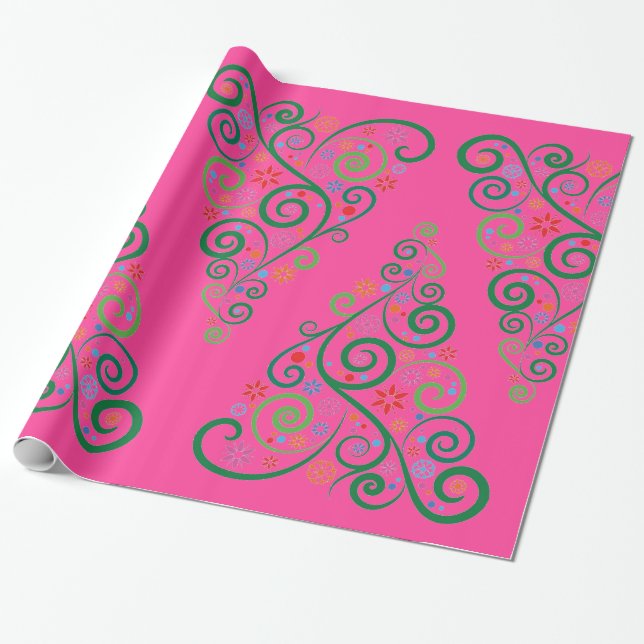 Christmas Tree Pink Glossy Wrapping Paper (Unrolled)