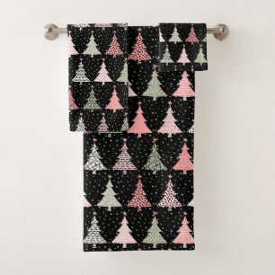 Christmas Tree Pink & Green with Black Background Bath Towel Set