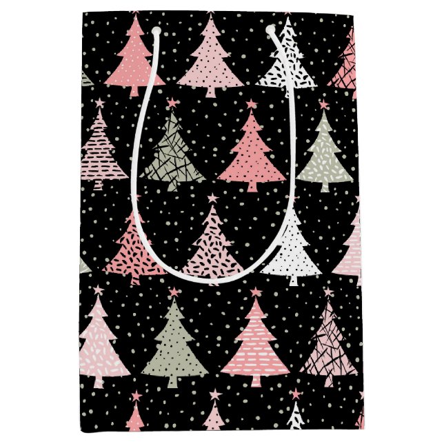 Christmas Tree Pink & Green with Black Background Medium Gift Bag (Front)