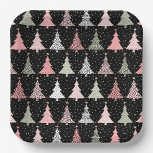 Christmas Tree Pink & Green with Black Background Paper Plate