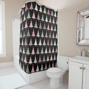 Christmas Tree Pink & Green with Black Background Shower Curtain