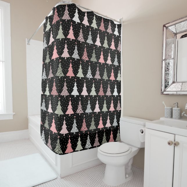 Christmas Tree Pink & Green with Black Background Shower Curtain (In Situ)