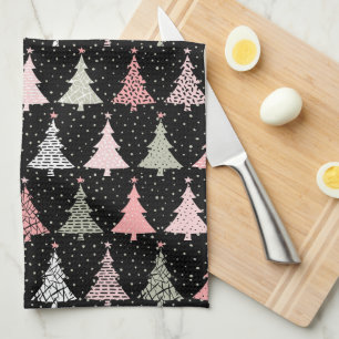 Christmas Tree Pink & Green with Black Background Tea Towel