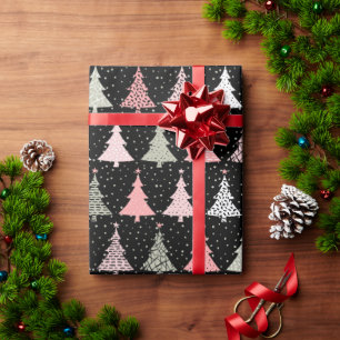 Christmas Tree Pink & Green with Black Background Wrapping Paper