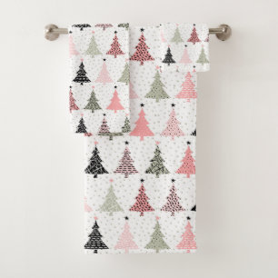 Christmas Tree Pink & Green with White Background Bath Towel Set